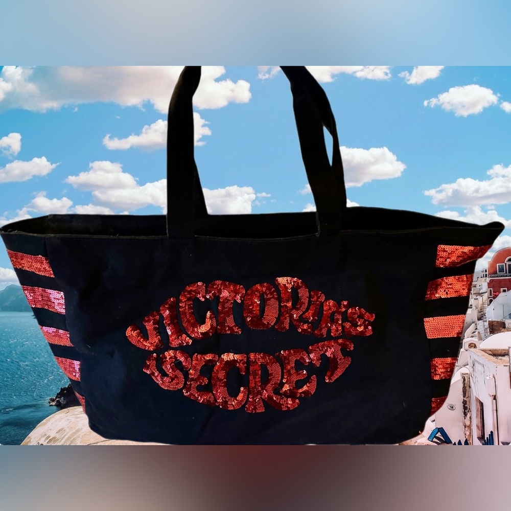 Victoriaโs Secret Black Canvas with Red Sequin Lips detailing Weekender Tote